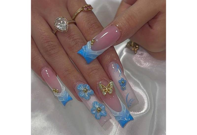 trends for living Kunstfingernägel 24 Stück künstliche Fingernägel blaue mit fünfblättriger Schleife, 24-tlg. von trends for living