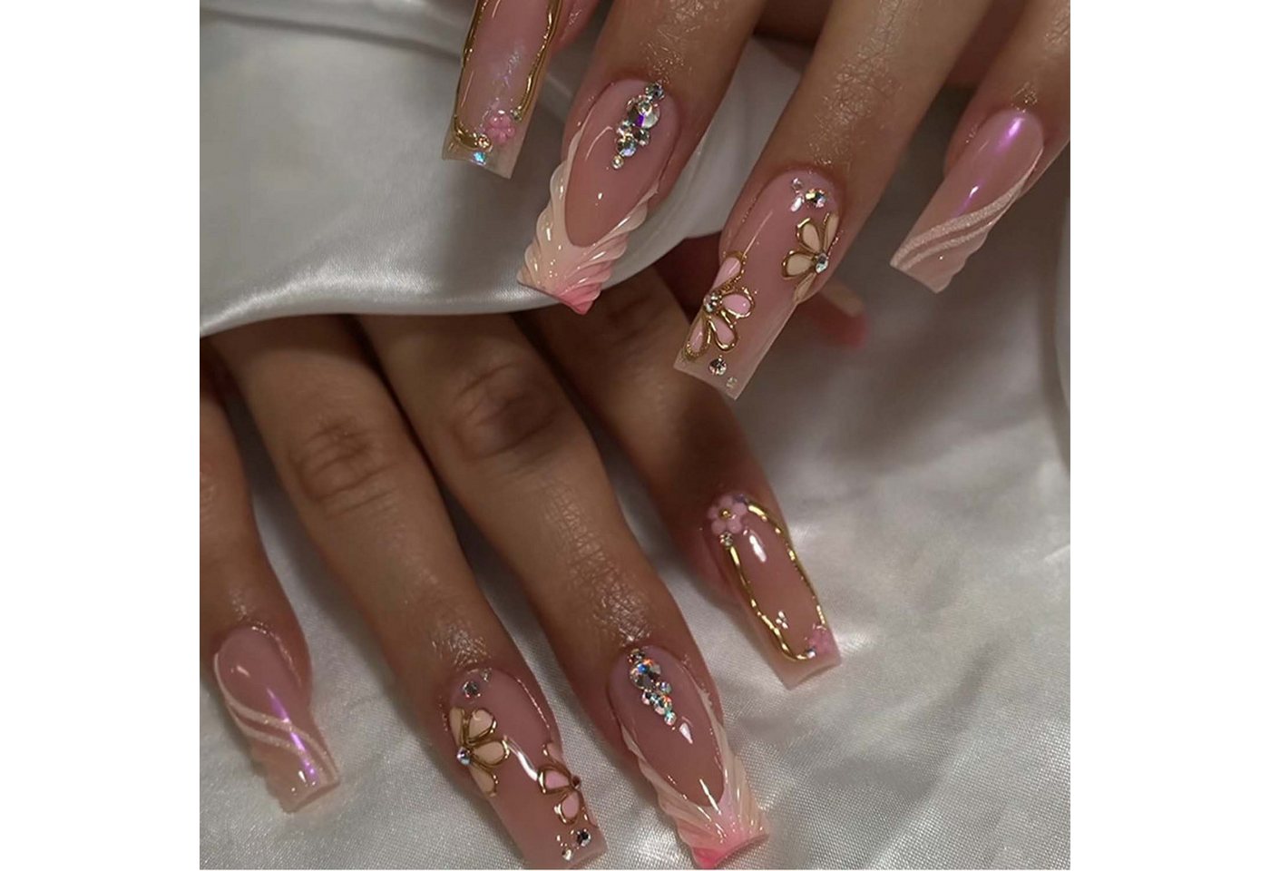 trends for living Kunstfingernägel 24 Stück künstliche Nägel französischen Farbverlauf mit Blütenblättern, 24-tlg. von trends for living