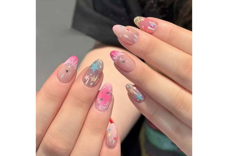 trends for living Kunstfingernägel 24 künstliche Fingernägel mandelförmigen 3D-Muschel und Sternmustern, 24-tlg. von trends for living