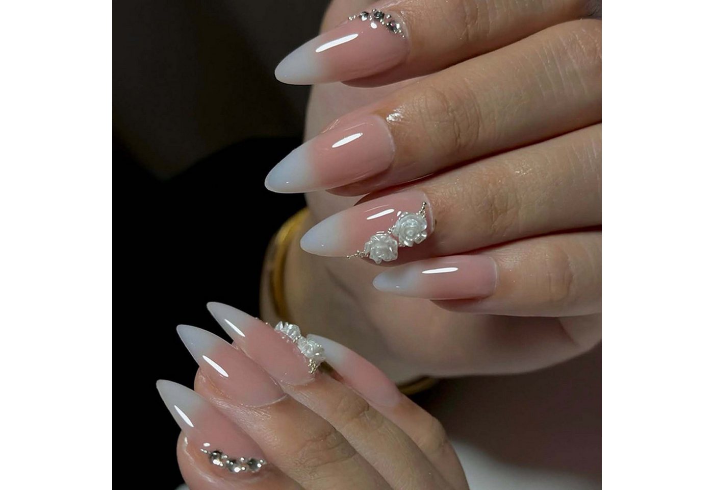 trends for living Kunstfingernägel 24 mandelförmige künstliche Nagel mit 3D-Farbverlauf und weißen Rosen, 24-tlg. von trends for living