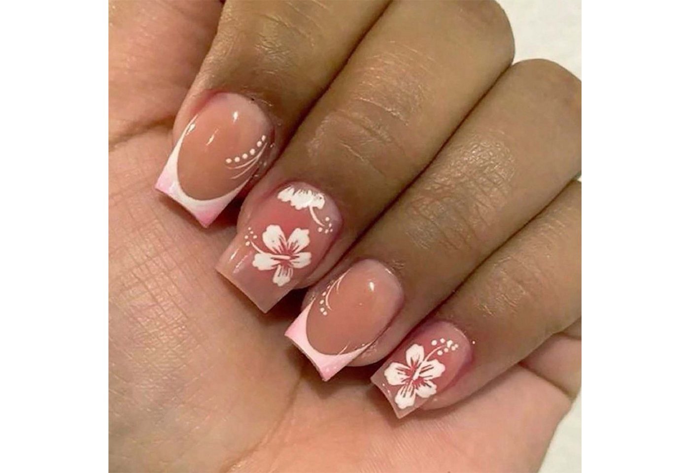 trends for living Kunstfingernägel 24 press abnehmbarer kurzer französischer Kunstnägel mit Blütenmotiv, 24-tlg. von trends for living