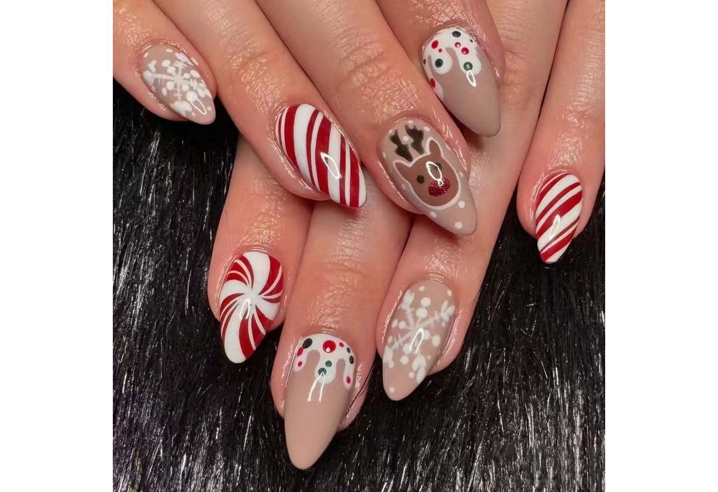 trends for living Kunstfingernägel 24 weihnachtliche mandelförmige Nageldesigns französischen Cartoon, 24-tlg. von trends for living