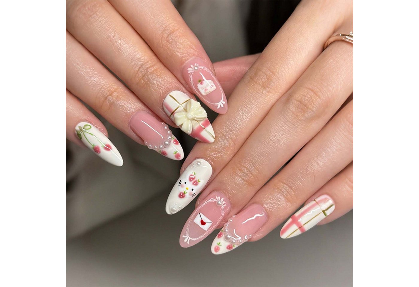 trends for living Kunstfingernägel 24Stück künstlicher Fingernägel französischen Erdbeer-Schleifen Mandel, 24-tlg. von trends for living