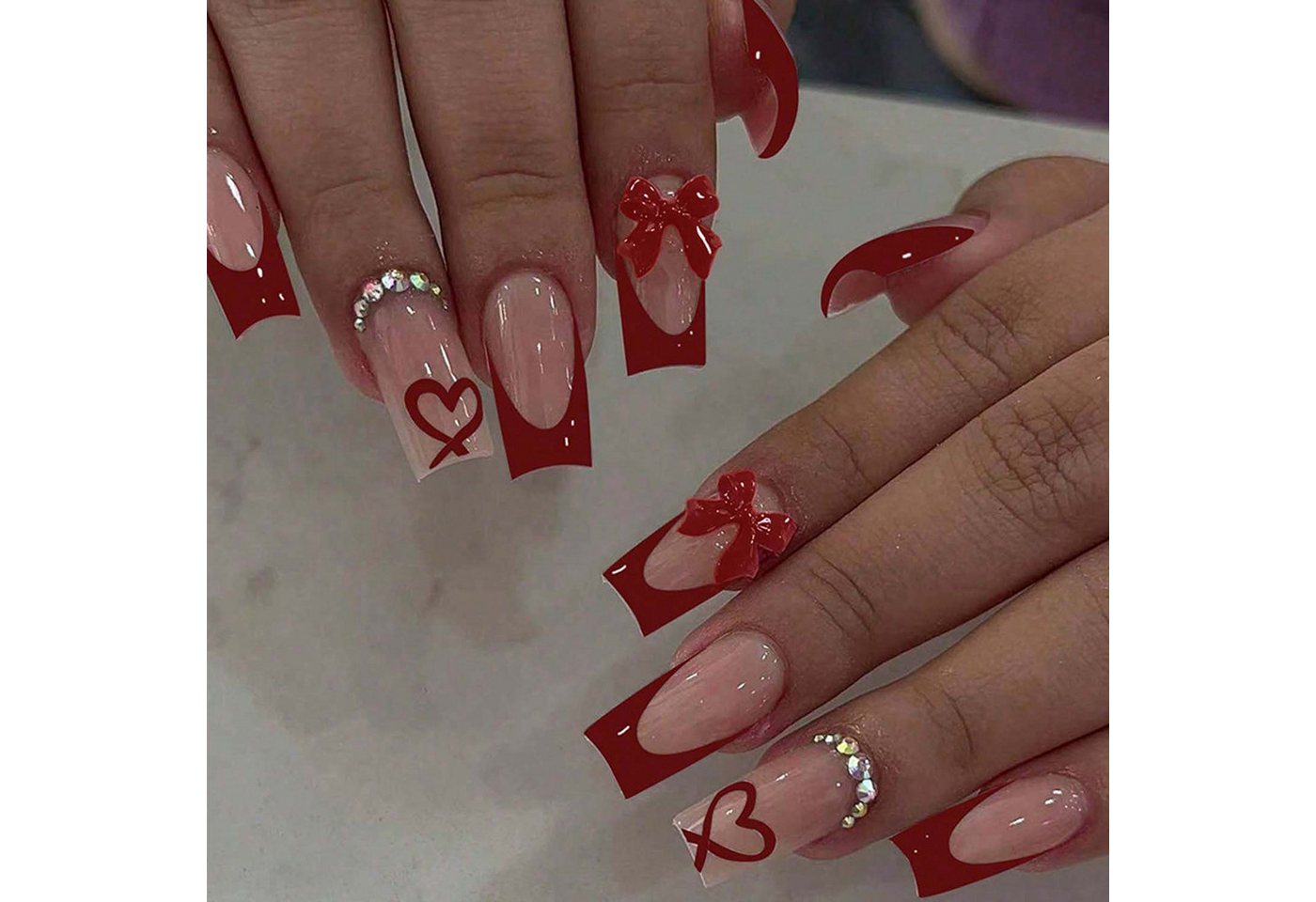 trends for living Kunstfingernägel 24press abnehmbarer künstlicher Fingernägel französischem Rot Schleife, 24-tlg., mit Schleife, Herz, Diamant und quadratischem Muster von trends for living