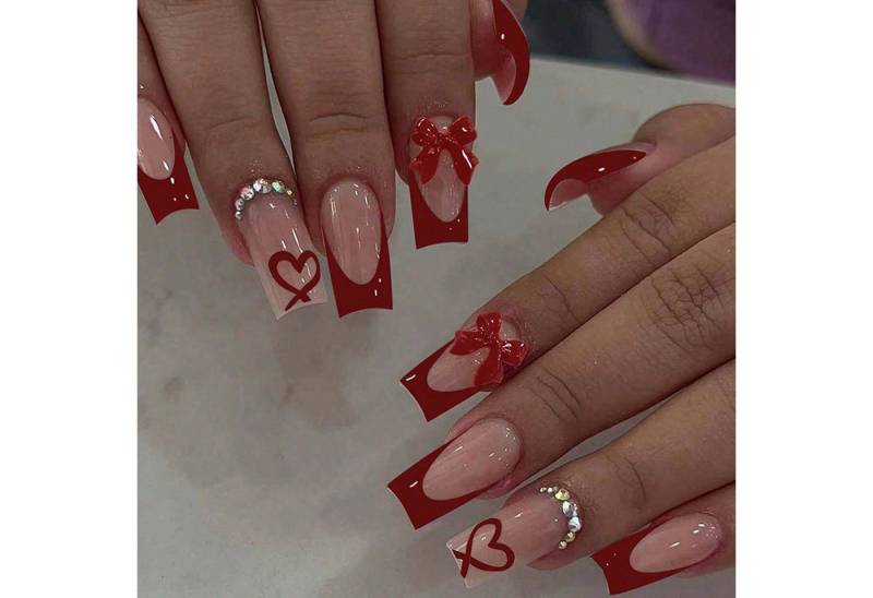 trends for living Kunstfingernägel 24press abnehmbarer künstlicher Fingernägel französischem Rot Schleife, 24-tlg., mit Schleife, Herz, Diamant und quadratischem Muster von trends for living