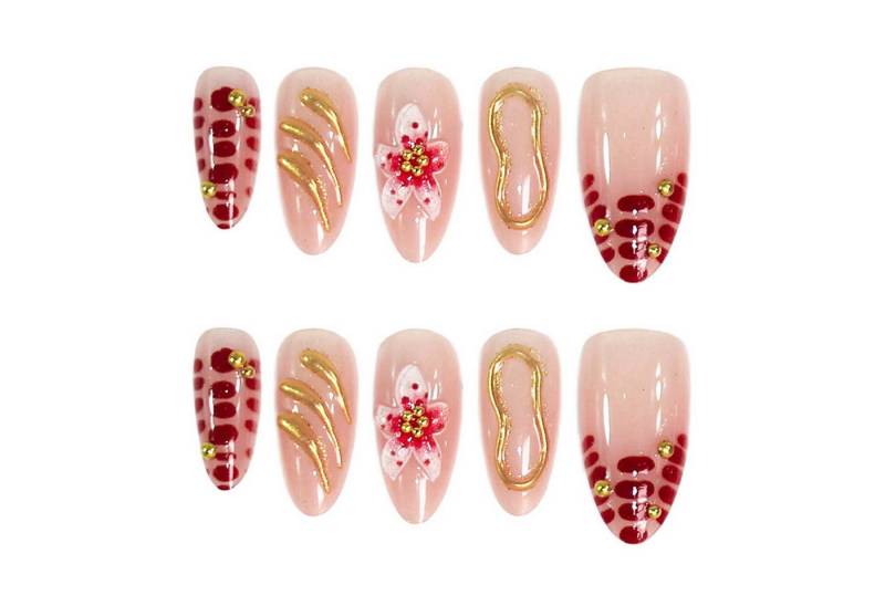 trends for living Kunstfingernägel 30 Press 3D-Nagelspitzen Mandelform mit vergoldeten Blumen Polka-Dots, 30-tlg. von trends for living