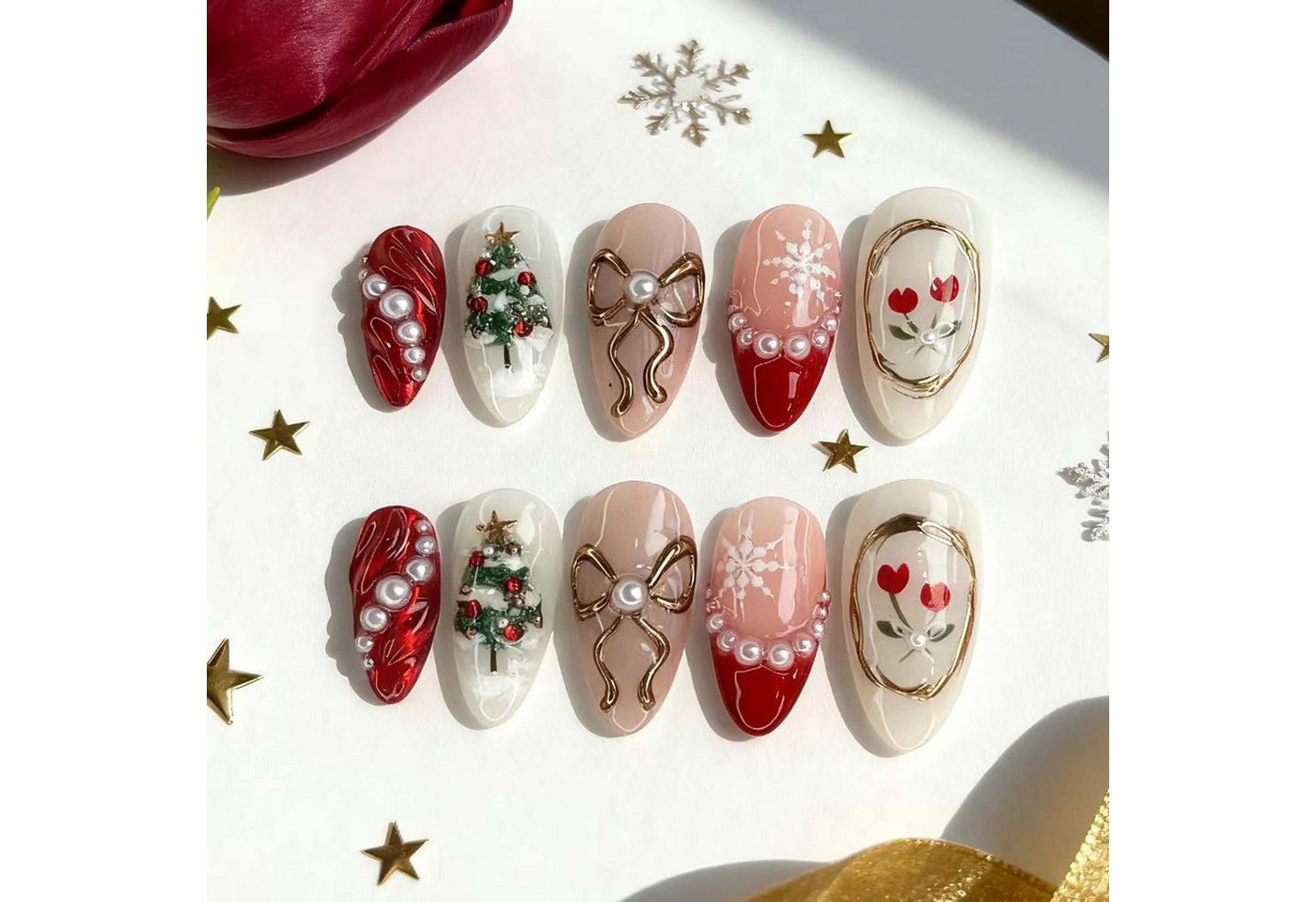trends for living Kunstfingernägel 30 Press Künstliche Nägel verziert Perlenschleifen und Schneeflocken, 30-tlg., mit Perlenschleifen und Schneeflockenmuster von trends for living