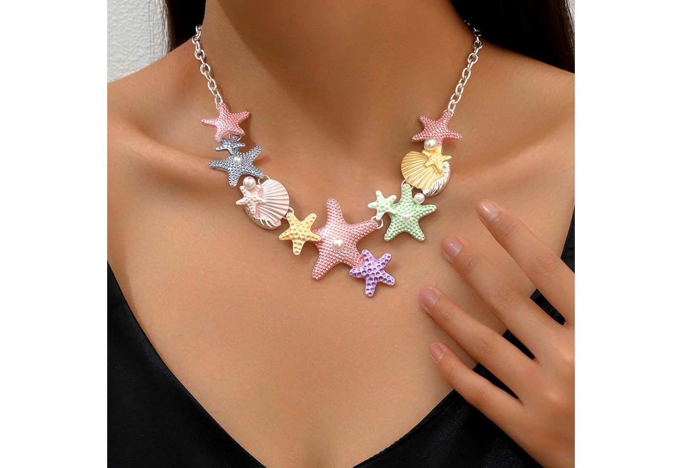 trends for living Perlenkette Halskette mit Sternen und Muscheln für Damen perlenbesetzte kette von trends for living