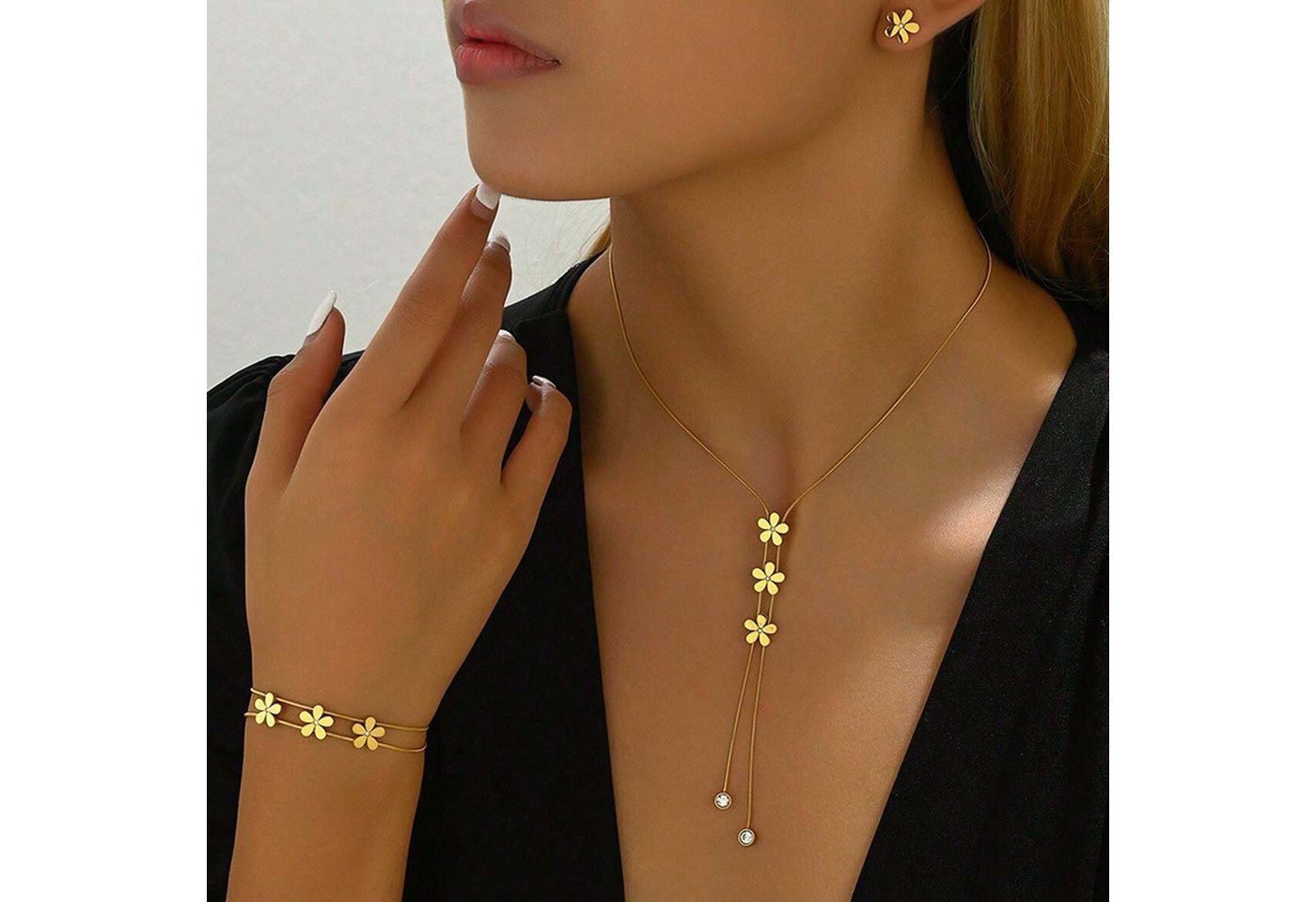 trends for living Schmuckset Armband in Blumenform, schlichte Schlüsselbeinkette und Ohrring-Set, mit Mikro-Diamanten von trends for living