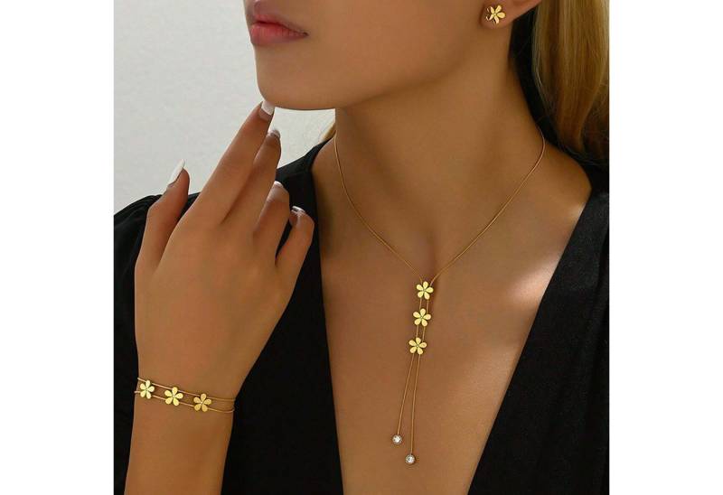 trends for living Schmuckset Armband in Blumenform, schlichte Schlüsselbeinkette und Ohrring-Set, mit Mikro-Diamanten von trends for living