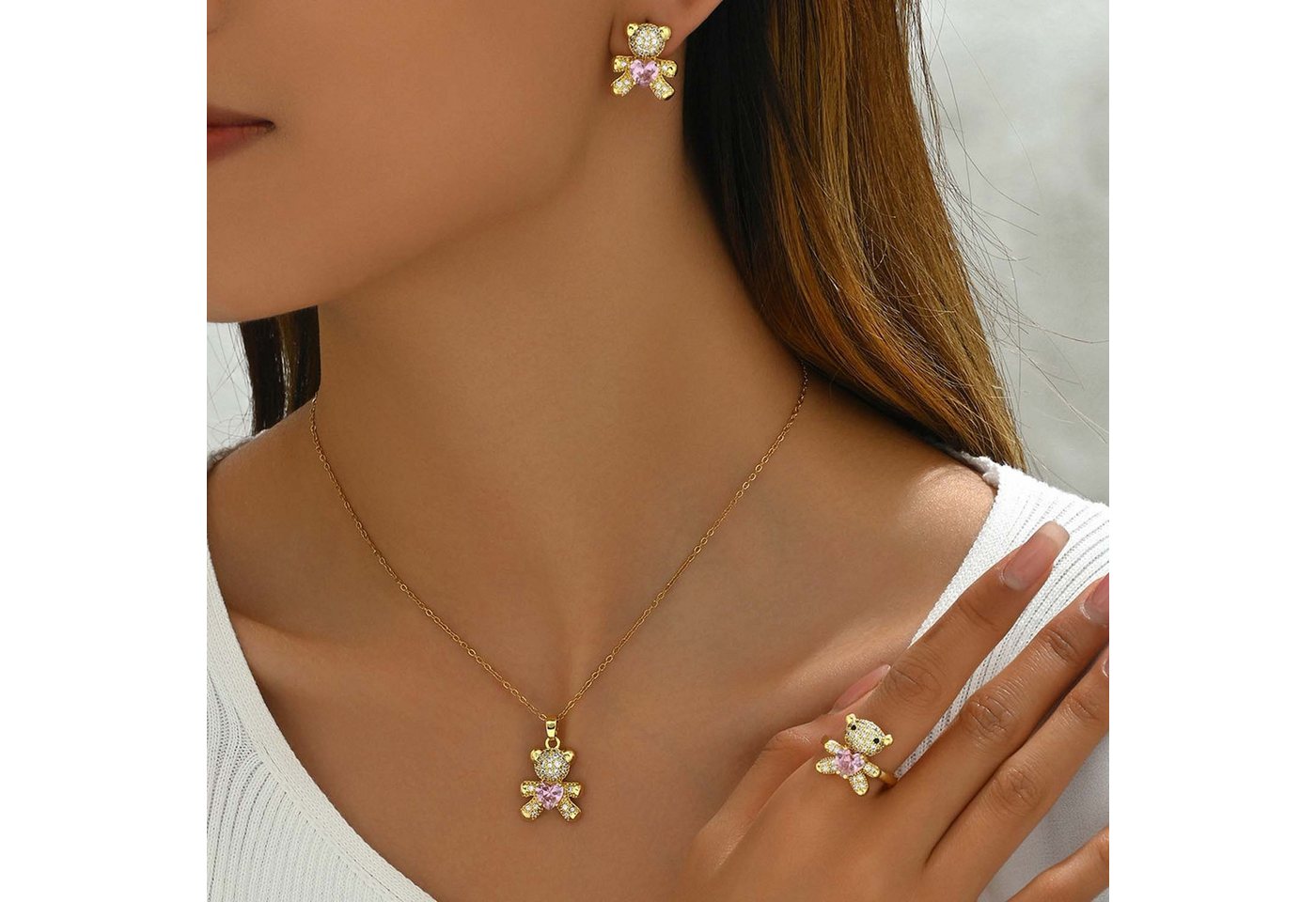 trends for living Schmuckset Dreidimensionales Bären-Ohrring Halsketten und Ring-Set, mit winzigen Zirkonsteinen umgebenden romantischen rosa Edelsteinen von trends for living