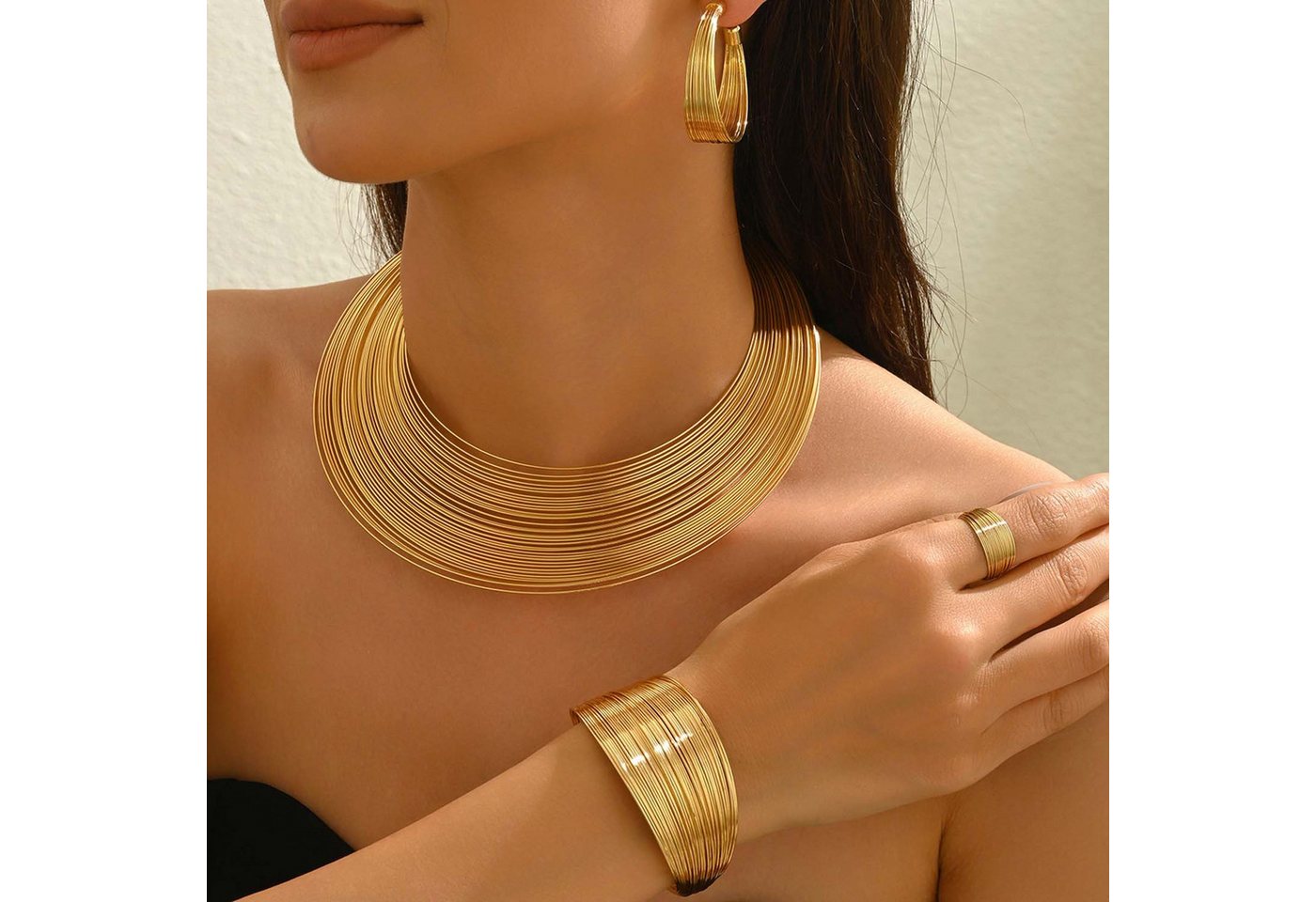 trends for living Schmuckset Mehrlagiges Schmuckset aus Metall mit geometrischem Design, Halskette mit verstellbarer geeignet für Armbänder, Ohrringe und Ringe von trends for living