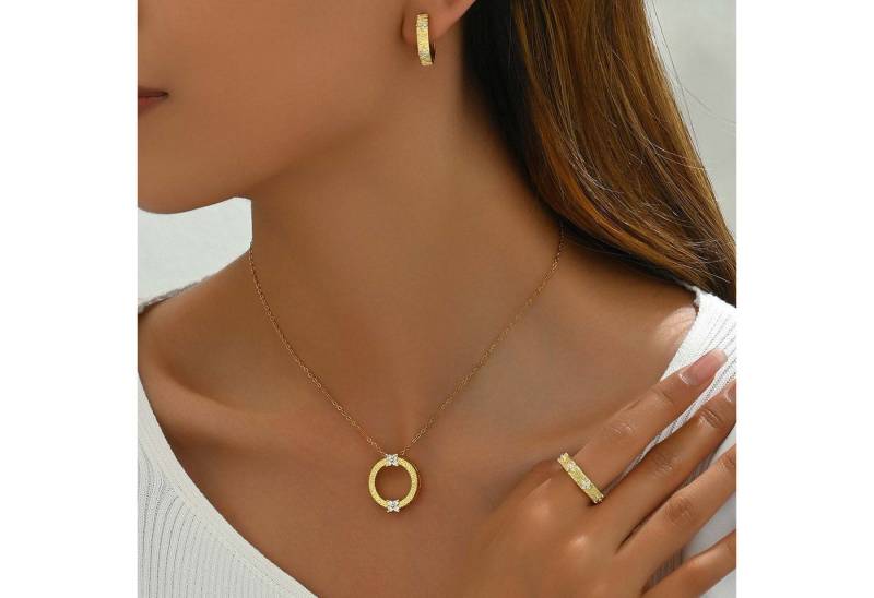 trends for living Schmuckset Schmuckset aus goldfarbener Halskette Ohrringen und Ringen, kreisförmigem Design strukturierter Oberfläche und Zirkon-Einlagen von trends for living