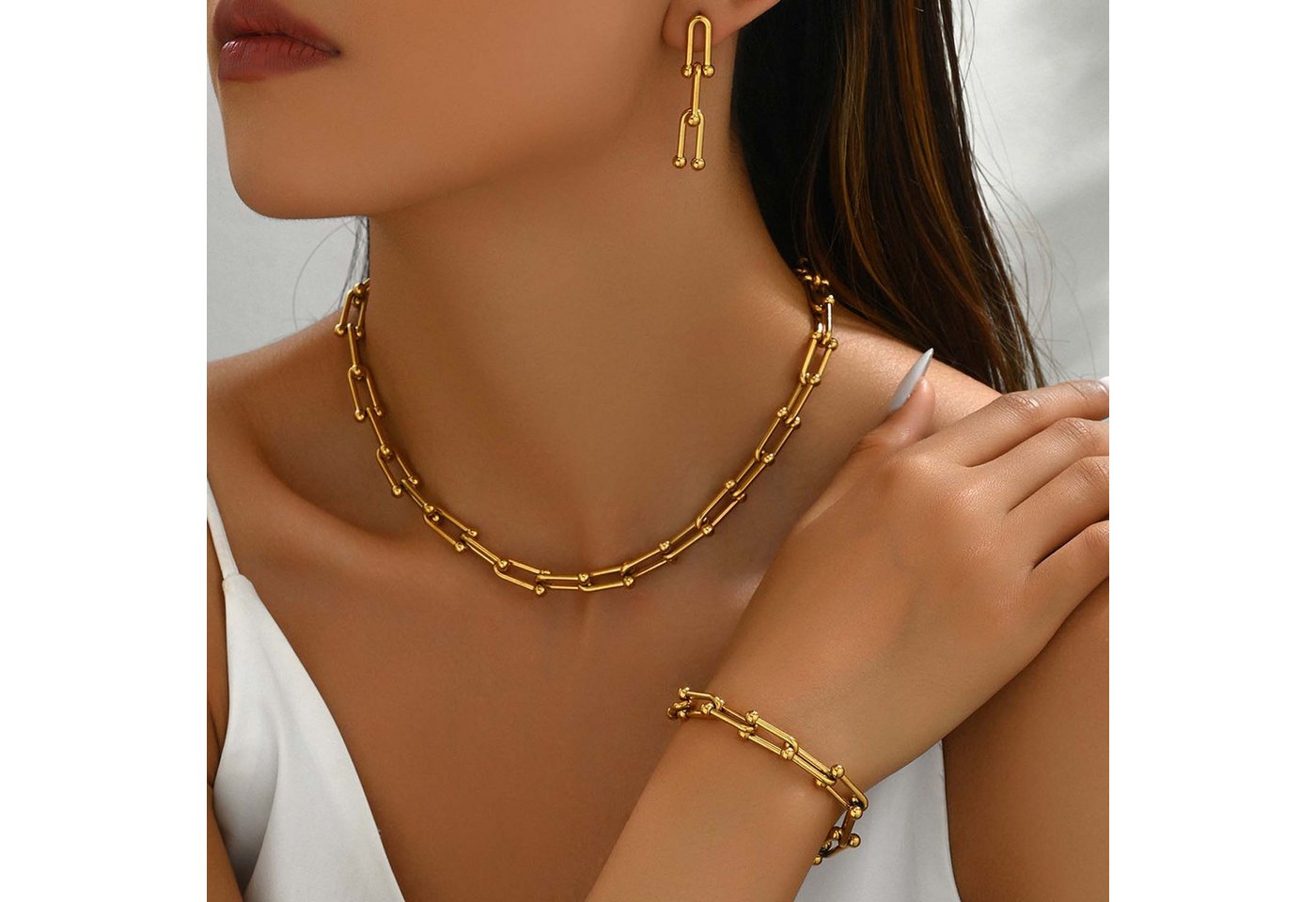 trends for living Schmuckset Schmuckset für Damen: Halskette und Ohrringe, schlichtes Armband, mit U-förmigem Hufeisenverschluss von trends for living
