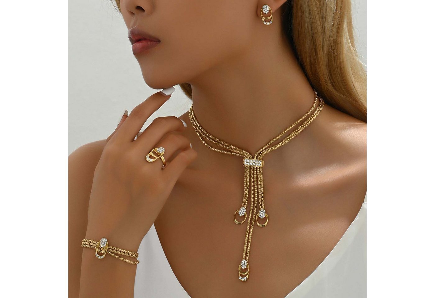trends for living Schmuckset Schmuckset: Halskette, Ohrringe, Armband, Ring mit Diamanten besetzt von trends for living