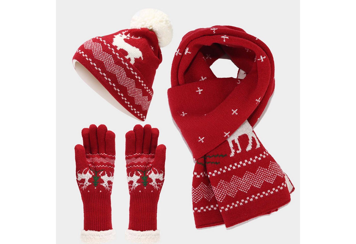 trends for living Strickmütze Dreiteiliger Strickanzug mit weihnachtlichen Elch-Winteraccessoires von trends for living
