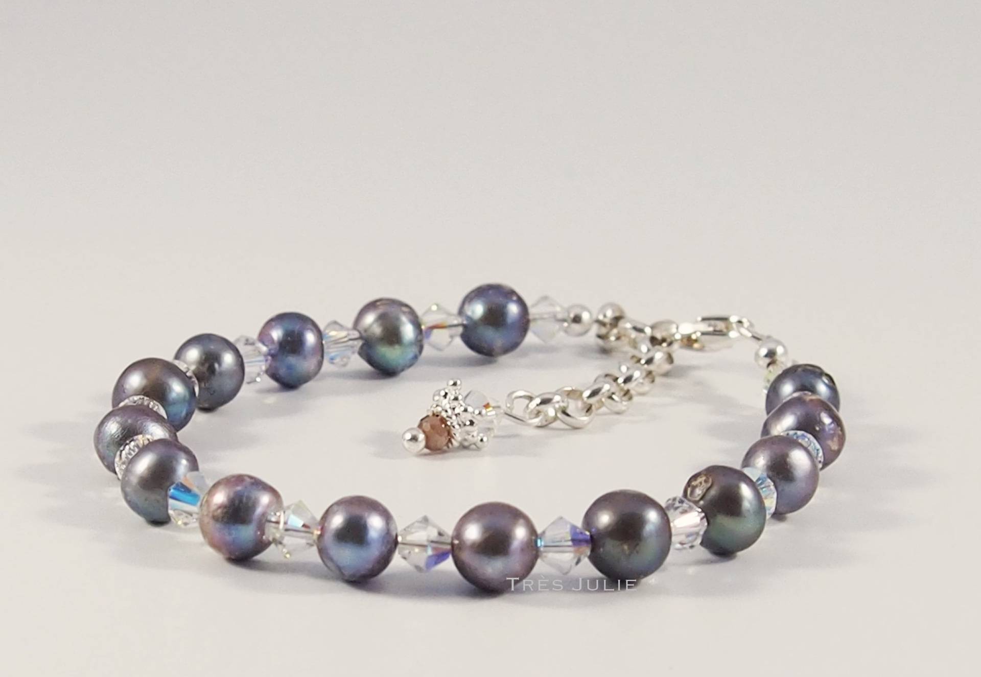 Perlenarmband, Graublau, 925Er Silber, Echte Perlen, Zuchtperlen, Süßwasserperlen, Verlängerungskettchen, Krone, Krönchen, Königstochter von tresjulieHamburg