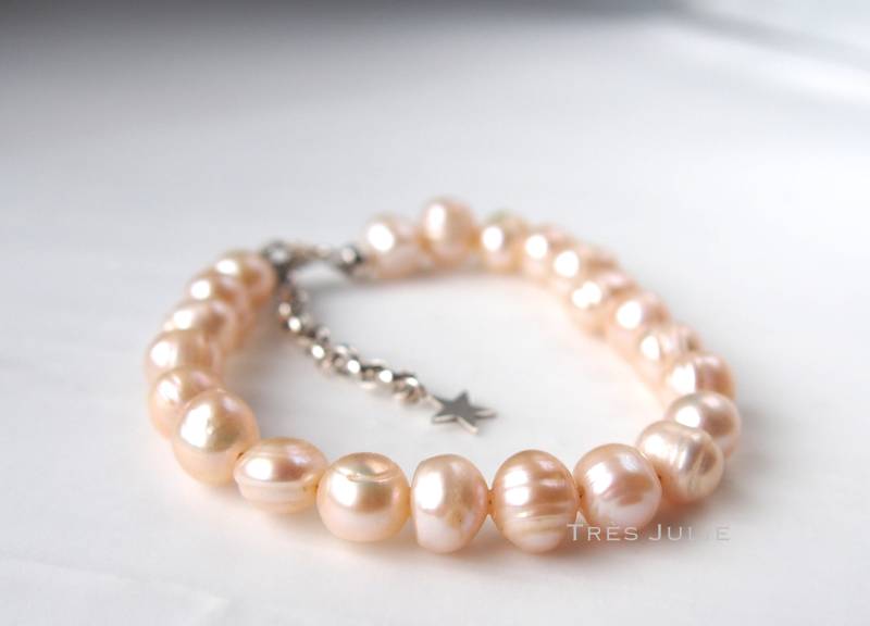 Perlenarmband, Lachs, 925Er Silber, Echte Perlen, Zuchtperlen, Süßwasserperlen, Verlängerungskettchen, Stern, Creme von tresjulieHamburg