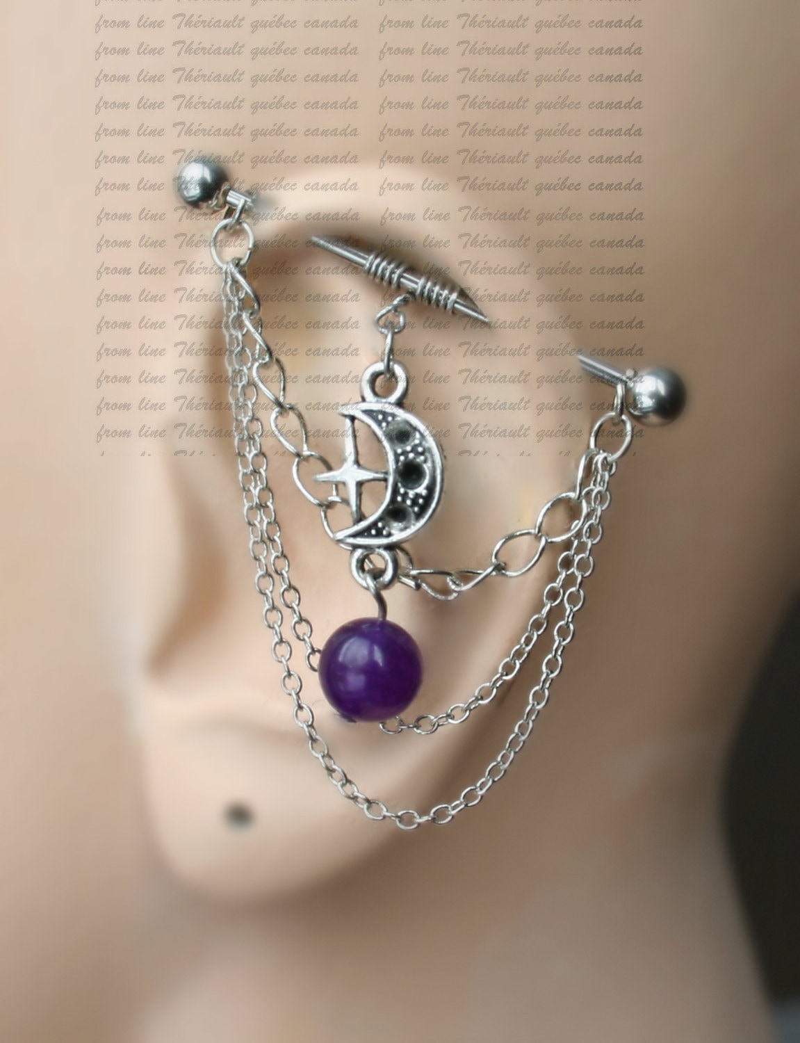 Industrial Barbell Mit Ketten , Industrielles Piercing, Schmuck, Bar Ohrring, Piercing Kette, Amethyst Und Mond | M2D Industrial Barbell Mit Ketten , Industrielles Piercing, Schmuck, Bar Ohrring, Piercing Kette, Amethyst Und Mond | M2D von triballook