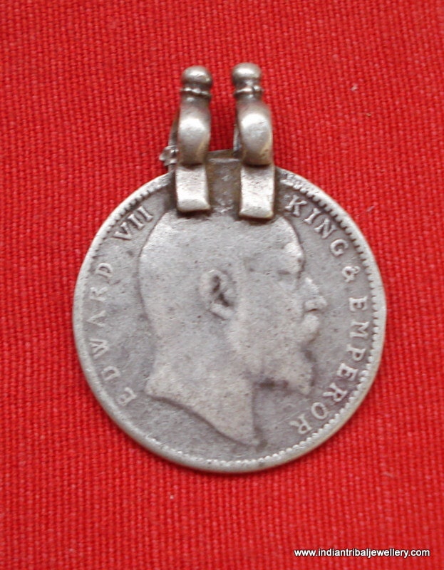 Antikes Stammes-Alte Silbermünze Anhänger Edward 7 König Kaiser Britisch-Indien von tribalsilver99
