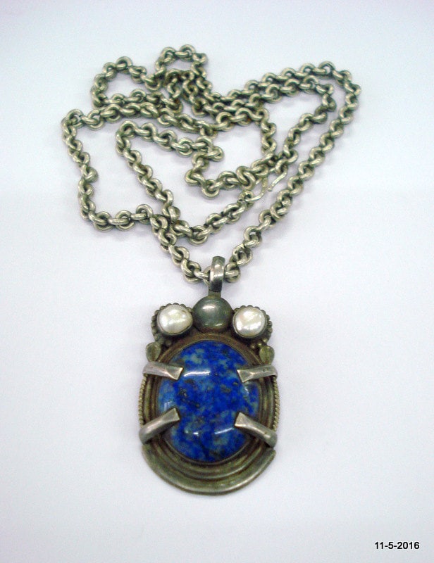 Vintage Antik Silber Halskette Kette Anhänger Lapislazuli Edelstein Schmuck von tribalsilver99