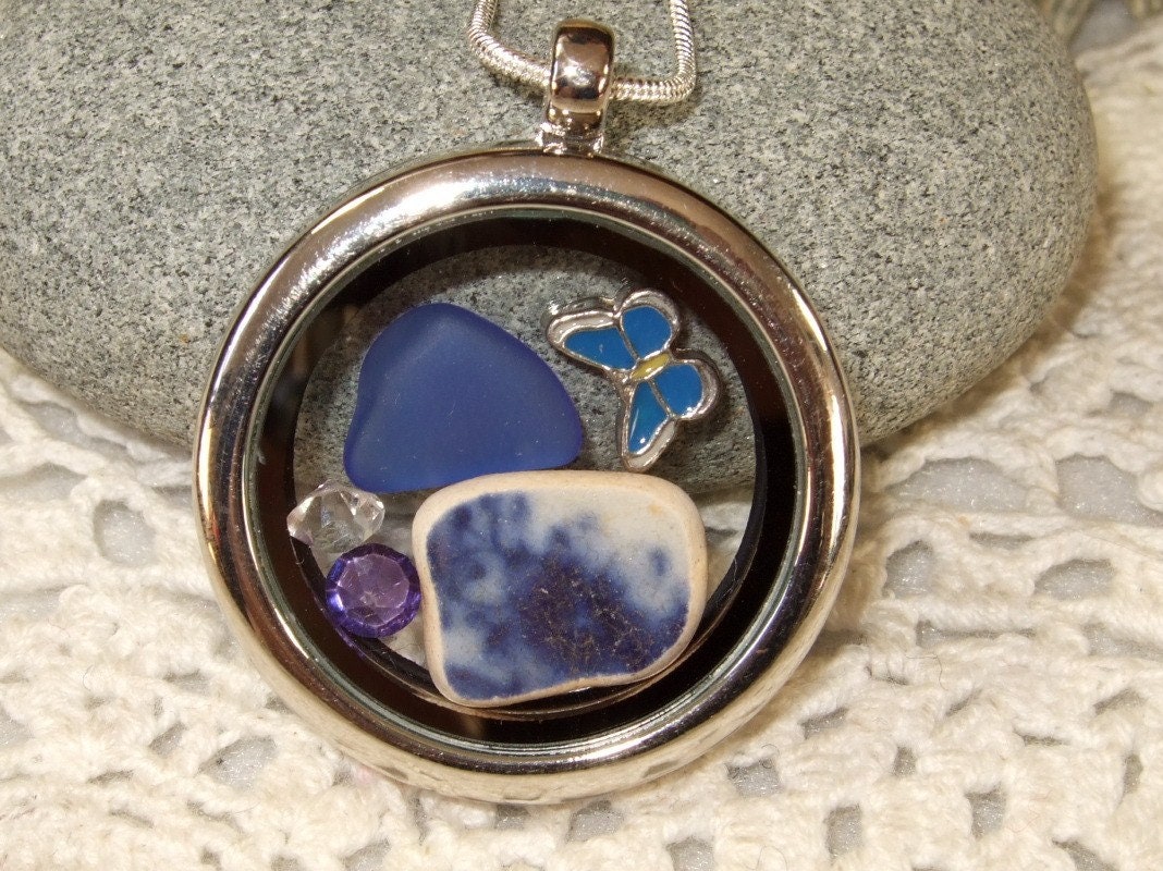 Erinnerungen An Neufundland Medette Halskette Mit Sterling 20 Zoll Silber Kette Made in Strand Meer Glas Keramik Scherben Blau Thema von trinityrocks