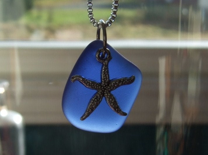 Seestern Strand Seeglas Halskette Bleifrei Kobalt Blau Sterling Silber 16 Zoll Lange Kette von trinityrocks