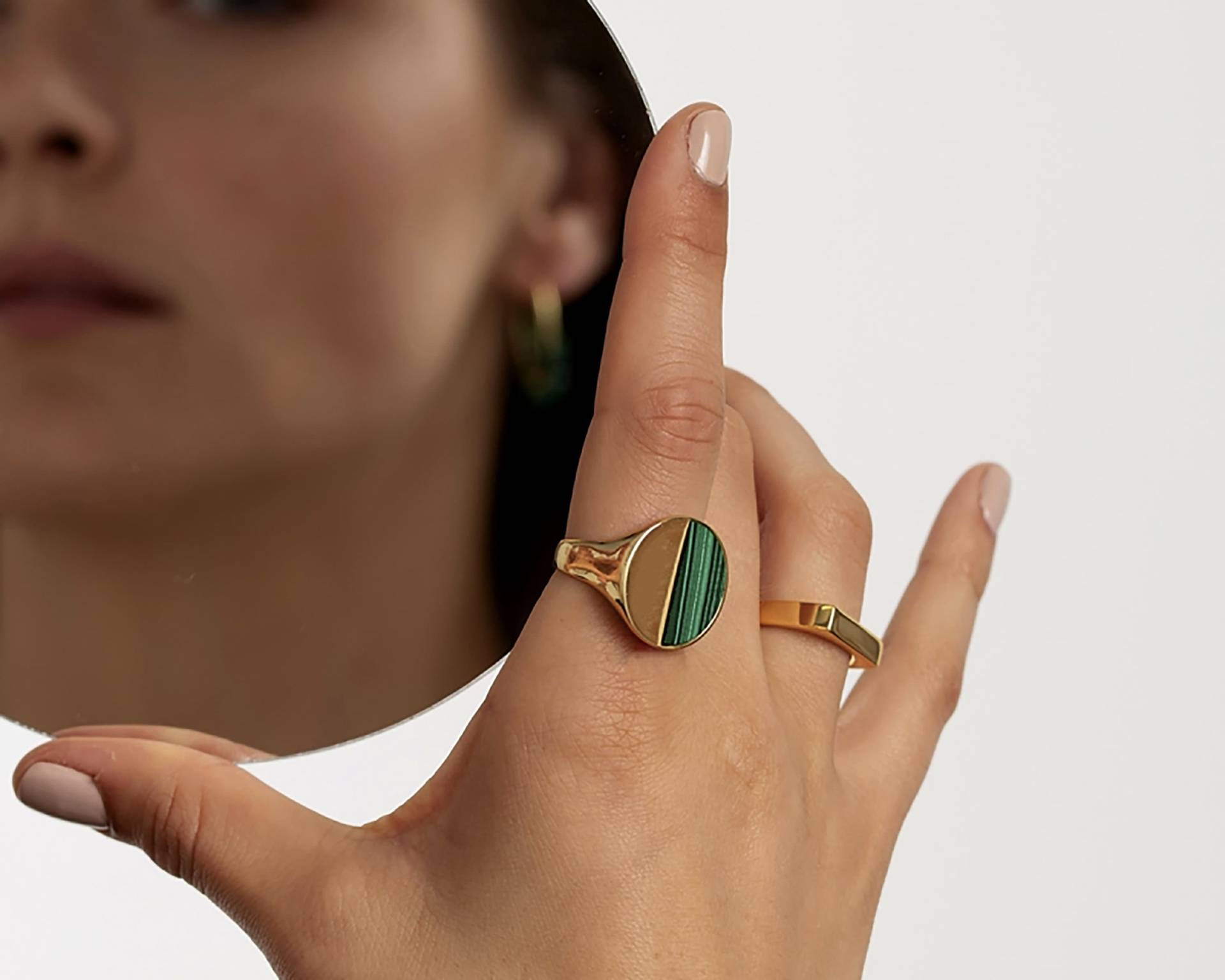 Malachit Siegelring 18K Vergoldetes Sterlingsilber, Verstellbar von triumjewelry