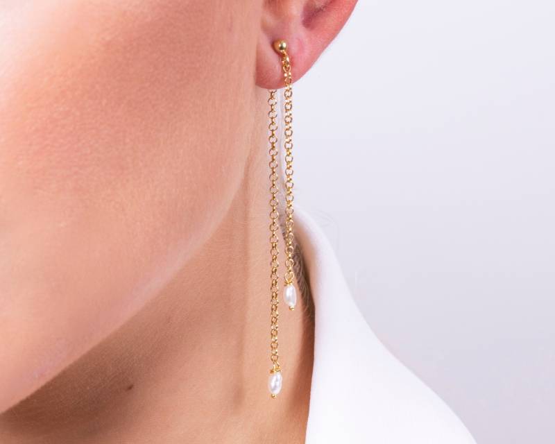 Zierliche Perlen Tropfen Ohrringe 18K Vergoldete Sterling Silber Kette von triumjewelry