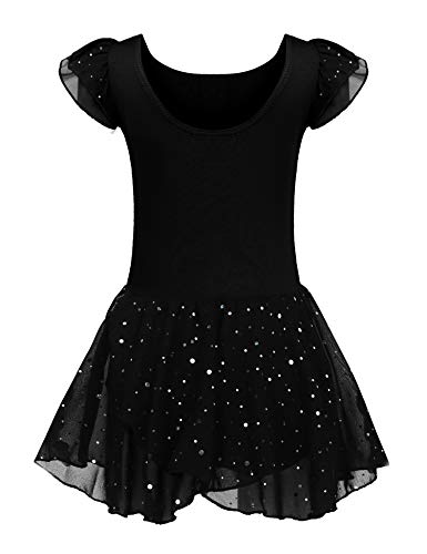 Kinder Ballettkleidung Ballettkleid Mädchen Kurzarm Baumwolle Balletttrikot Ballettanzug Tanzkleid Tanzbody mit Rock Tütü, 130, Schwarz von trudge