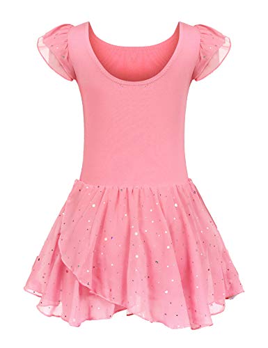 Kinder Ballettkleidung Ballettkleid Mädchen Kurzarm Baumwolle Balletttrikot Ballettanzug Tanzkleid Tanzbody mit Rock Tütü, Rosa B, 130 / 4-5 Jahre von trudge