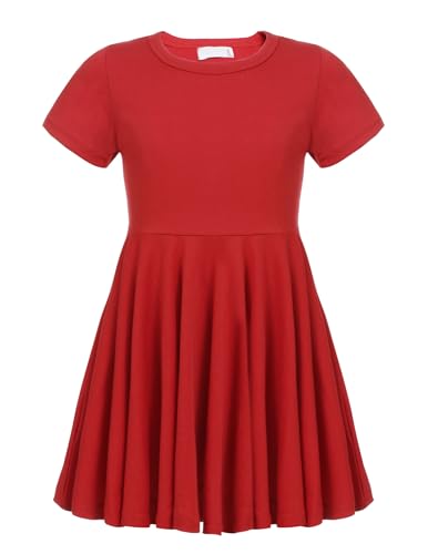 Trudge Mädchen Swing Kleider für Kinder Sommerkleid Hem Skaterkleid Kurzarm T Shirt Kleid Baumwolle Prinzessin Kleid einfarbig Basic FatternKleid Rundhals Freizeitkleidung Gr.92-164, Rot, 140 von trudge