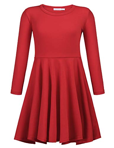 Mädchen Freizeit Langarm Skaterkleid A-Linie Swing Prinzessin einfarbig Rundhals, Rot, 160 / 11-12 Jahre von trudge