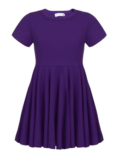 Trudge Mädchen Swing Kleider für Kinder Sommerkleid Hem Skaterkleid Kurzarm T Shirt Kleid Baumwolle Prinzessin Kleid einfarbig Basic FatternKleid Rundhals Freizeitkleidung Gr.92-164, A Lila, 100 von trudge