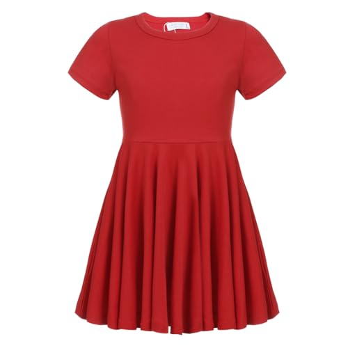 Trudge Mädchen Swing Kleider für Kinder Sommerkleid Hem Skaterkleid Kurzarm T Shirt Kleid Baumwolle Prinzessin Kleid einfarbig Basic FatternKleid Rundhals Freizeitkleidung Gr.92-164, Rot, 120 von trudge