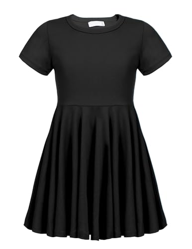 Trudge Mädchen Swing Kleider für Kinder Sommerkleid Hem Skaterkleid Kurzarm T Shirt Kleid Baumwolle Prinzessin Kleid einfarbig Basic FatternKleid Rundhals Freizeitkleidung Gr.92-164, Schwarz, 110 von trudge