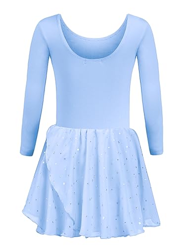 trudge Ballettkleidung Kinder Mädchen Ballettkleid Langarm Tanzkleid Baumwolle Ballettanzug mit Tütü Glitzer Ballerina Kleid Blau 120/2-3 Jahre von trudge