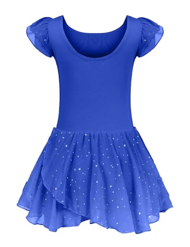 trudge Ballettkleidung mädchen Ballettkleid Balletttrikot Kinder Rüsche Kurzarm Baumwolle balette Kleidung mädchen Tanzkleid Tanzbody mit Chiffon Rock Tütü Indigo 160 von trudge