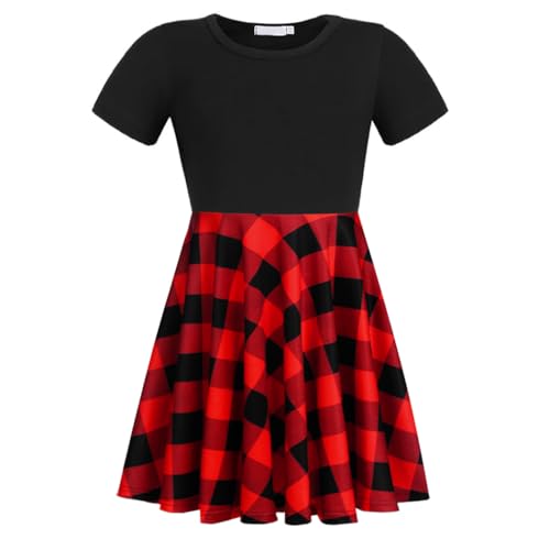 trudge Kariertes Kleider für Mädchen Kinder Sommerkleid Frühling Kinderkleid Kurzarm Baumwolle Skaterkleid T Shirt Kleid Rundhals Kleid Basic FatternKleid Freizeitkleidung 140 von trudge