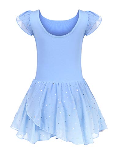 trudge Kinder Ballettkleidung Ballettkleid MAdchen Kurzarm Baumwolle Balletttrikot Ballettanzug Tanzkleid Tanzbody mit Rock TAtA, Blau, 140 von trudge