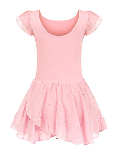 trudge Kinder Ballettkleidung Ballettkleid MAdchen Kurzarm Baumwolle Balletttrikot Ballettanzug Tanzkleid Tanzbody mit Rock TAtA, RosaRosa, 150 von trudge