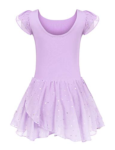 trudge Kinder Ballettkleidung Ballettkleid Mädchen Kurzarm Baumwolle Balletttrikot Ballettanzug Tanzkleid Tanzbody mit Rock Tütü, Lila , 120 von trudge