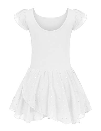 trudge Kinder Ballettkleidung Ballettkleid Mädchen Kurzarm Baumwolle Balletttrikot Ballettanzug Tanzkleid Tanzbody mit Rock Tütü Weiß 120 von trudge