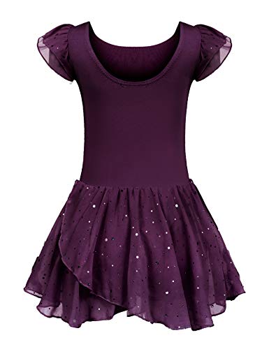 trudge Kinder Ballettkleidung Mädchen Ballettkleid Kurzarm Balletttrikot Ballettanzug Tanzkleid Tanzbody aus Baumwolle mit Chiffon Rock Tütü lila 120 von trudge