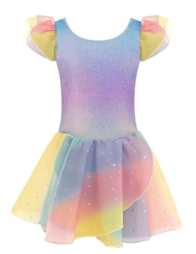 trudge Ballettkleidung Ballettkleid für Mädchen Kinder Kurzarm Baumwolle Balletttrikot Ballettanzug Tanzkleid Tanzbody mit Rock Tütü Regenbogen2 150 von trudge