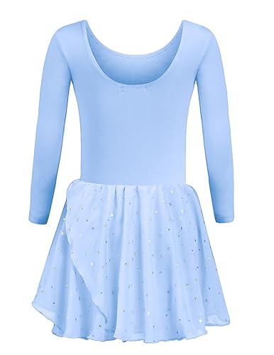 trudge Kinder Ballettkleidung Mädchen Ballettkleid Langarm Tanzkleid Tanzbody Baumwolle Ballett Body mit Rock Tütü Blau 130/3-4 Jahre von trudge