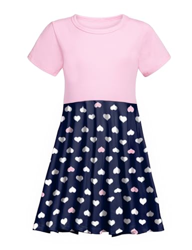 trudge Kinder Kleider Mädchen Kurzarmkleid Sommerkleid Rosa Herz Kleid Baumwolle A Line Swing Kleid Partykleid Rundhals Freizeitkleidung Skaterkleid, Navy Blau 110 von trudge