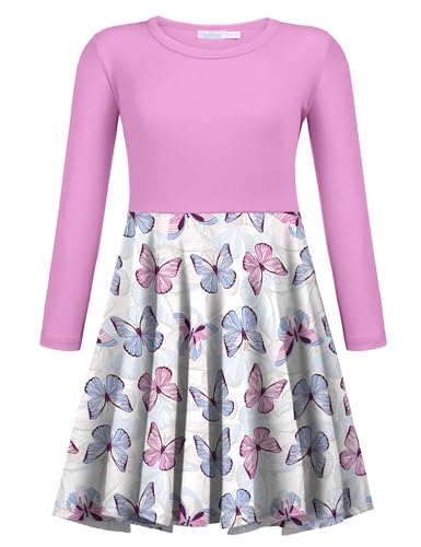 trudge Kleid Mädchen Langarm Kleider Lila Kinderkleid Herbst Winter A-Linie Kleid mit Schmetterlingsdruck T-Shirt Kleid Partykleid 160/12-13 Jahre von trudge