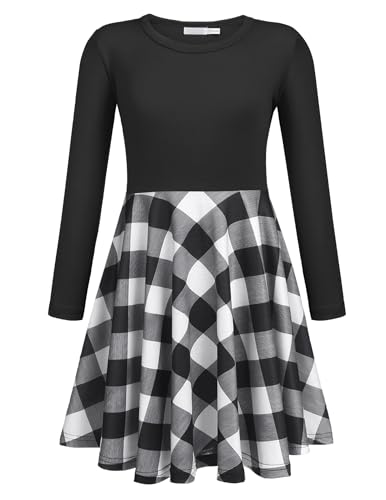 trudge Mädchen Kleider Langarm Baumwolle Kariertes Kleid Herbst Winter T-Shirt Kleid A-Linie Freizeit Kinderkleid Jerseykleid 120/6-7 Jahre von trudge