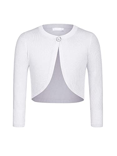 trudge Mädchen Strickjacke Bolero Basic Kinder Cardigan Kurz Bolerojacke lang Ärmel Schulterjacke Bolerojäckche Festlich Shrug Top kurz Zum Kommunionkleid Taufkleid Weiß 160 von trudge